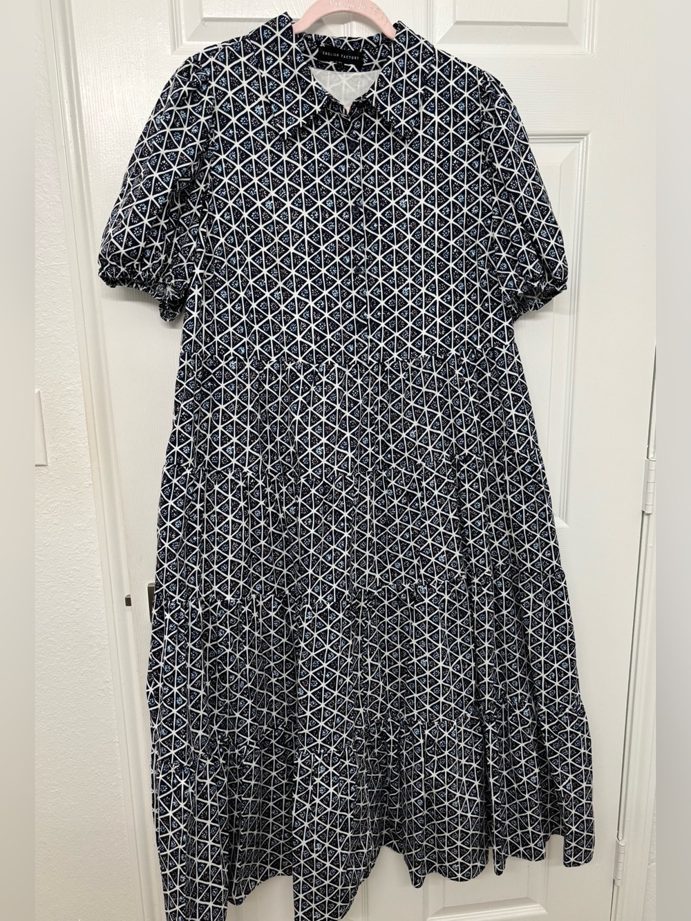 English Factory Navy and White Geometric Tiered Maxi Dress Women’s 2X